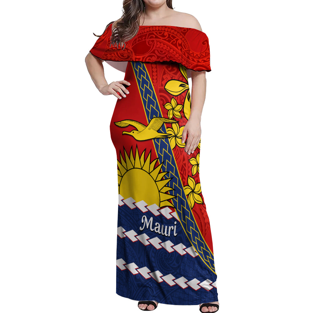 Personalised Mauri Kiribati Off Shoulder Maxi Dress Polynesian Ribaberiki Flag Style Mix Plumeria LT14 Women Red - Polynesian Pride