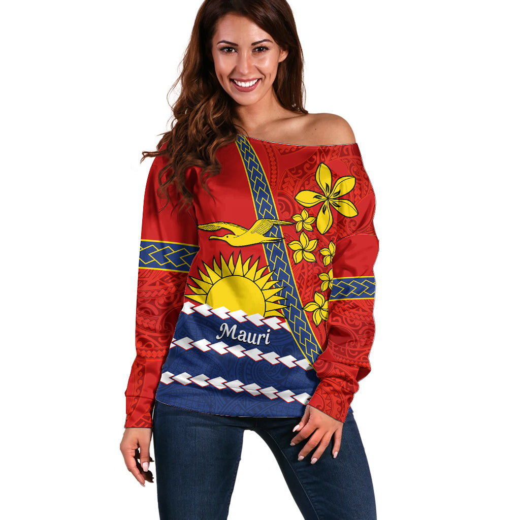 Personalised Mauri Kiribati Off Shoulder Sweater Polynesian Ribaberiki Flag Style Mix Plumeria LT14 Women Red - Polynesian Pride