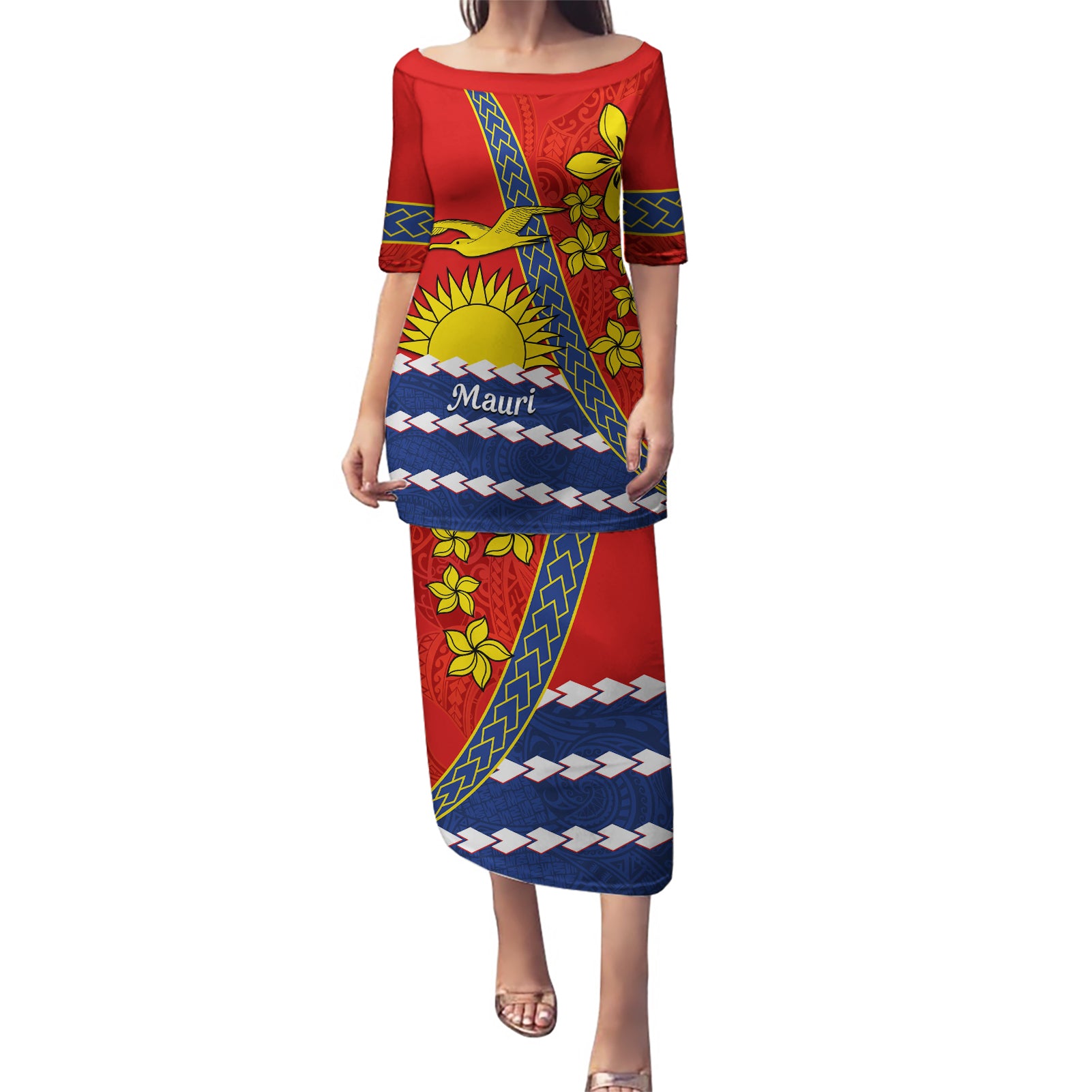 Personalised Mauri Kiribati Puletasi Polynesian Ribaberiki Flag Style Mix Plumeria LT14 Long Dress Red - Polynesian Pride