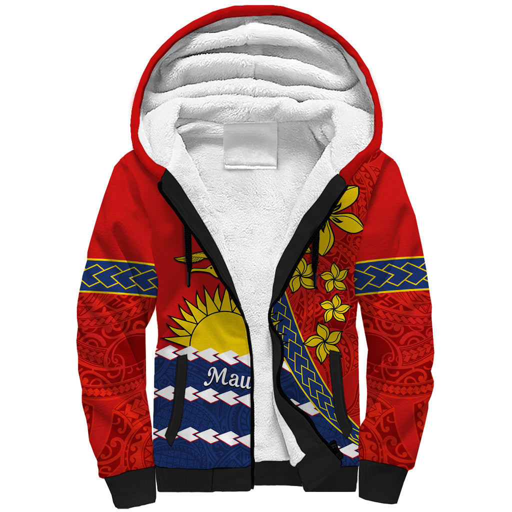 Personalised Mauri Kiribati Sherpa Hoodie Polynesian Ribaberiki Flag Style Mix Plumeria LT14 Unisex Red - Polynesian Pride