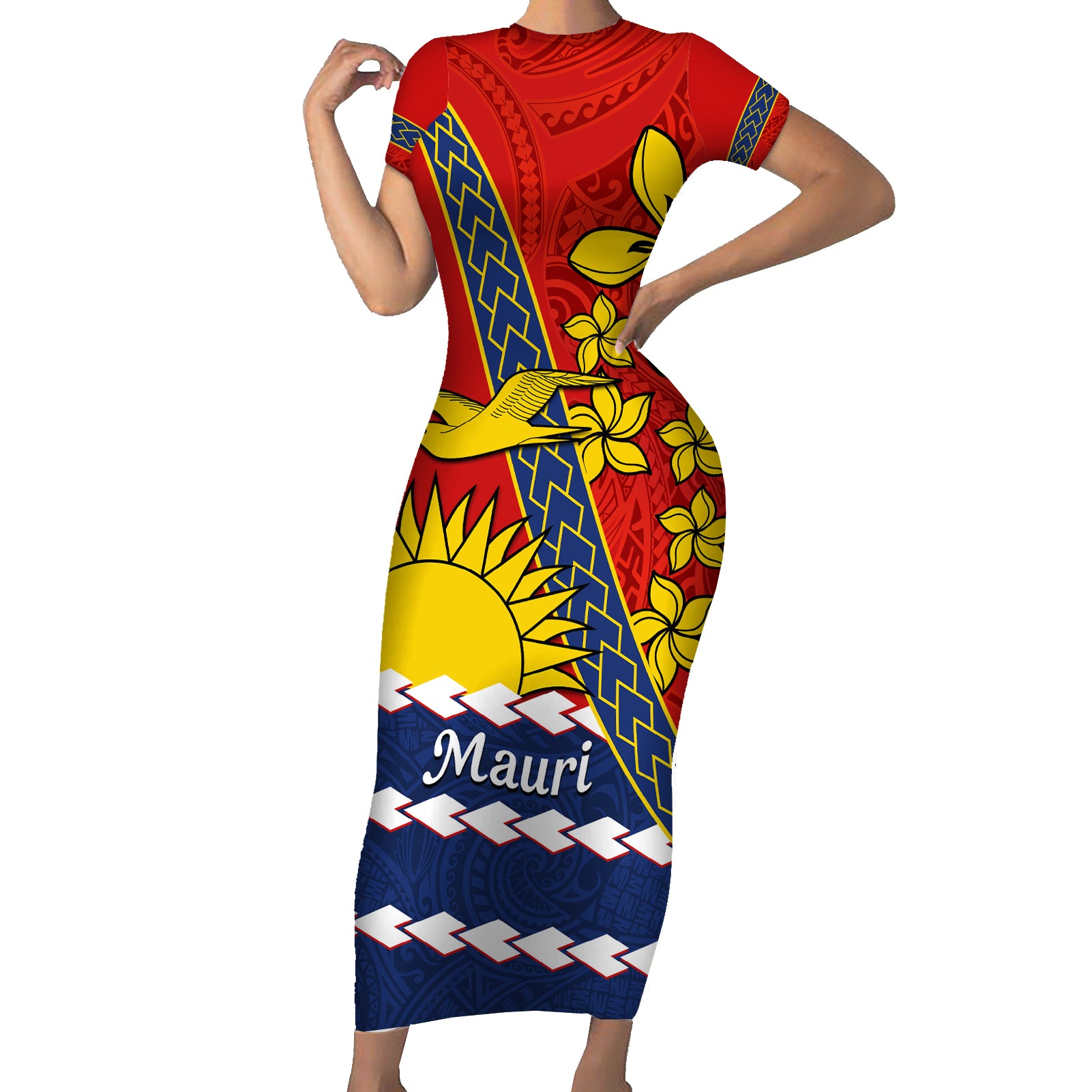 Personalised Mauri Kiribati Short Sleeve Bodycon Dress Polynesian Ribaberiki Flag Style Mix Plumeria LT14 Long Dress Red - Polynesian Pride