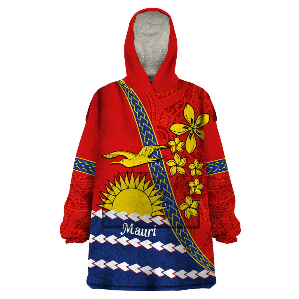 Personalised Mauri Kiribati Wearable Blanket Hoodie Polynesian Ribaberiki Flag Style Mix Plumeria LT14 One Size Red - Polynesian Pride