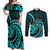 Turquoise New Zealand Mangopare Couples Matching Off Shoulder Maxi Dress and Long Sleeve Button Shirt Aotearoa Maori Koru Style LT14 Turquoise - Polynesian Pride