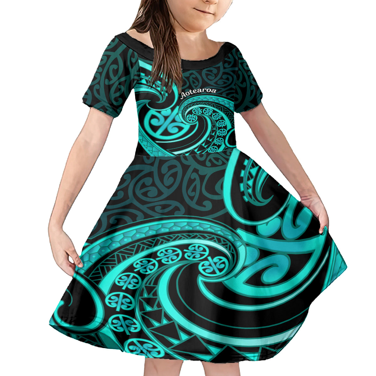 Turquoise New Zealand Mangopare Kid Short Sleeve Dress Aotearoa Maori Koru Style LT14 KID Turquoise - Polynesian Pride