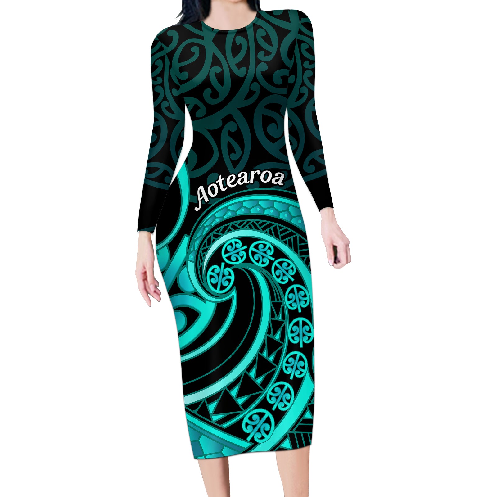 Turquoise New Zealand Mangopare Long Sleeve Bodycon Dress Aotearoa Maori Koru Style LT14 Long Dress Turquoise - Polynesian Pride