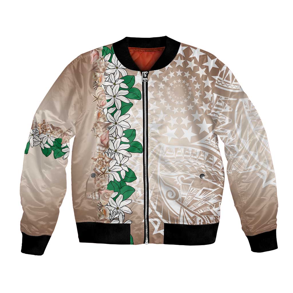 Cook Islands Tiare Maori With Conch Shell Bomber Jacket 2025 Pasifika Polynesian Tattoo LT14 Unisex Brown - Polynesian Pride