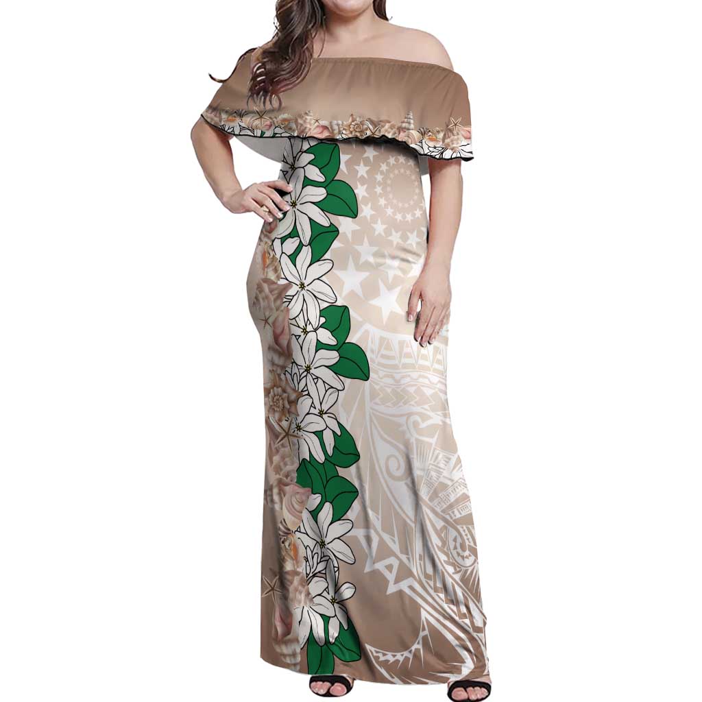 Cook Islands Tiare Maori With Conch Shell Off Shoulder Maxi Dress 2025 Pasifika Polynesian Tattoo LT14 Women Brown - Polynesian Pride