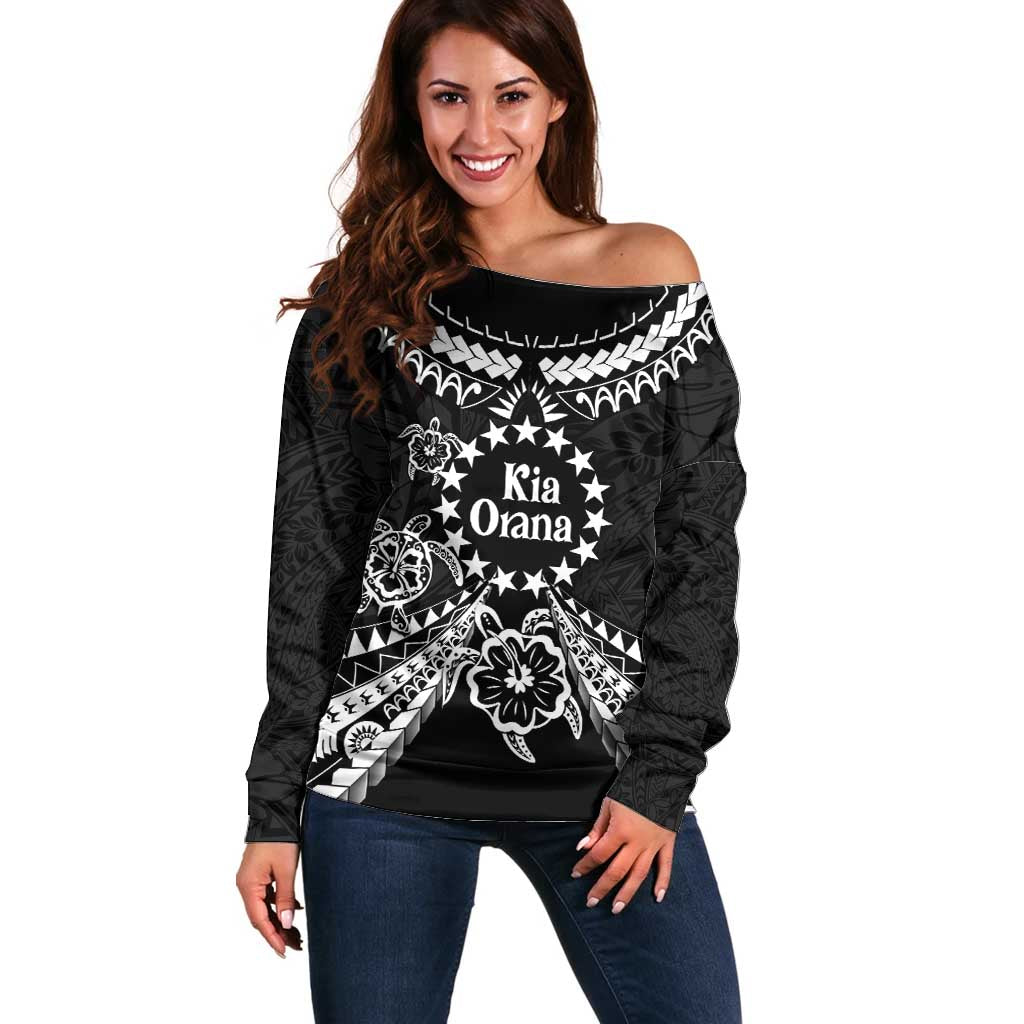 Kia Orana Cook Islands Off Shoulder Sweater 2025 Pasifika Polynesian Turtle Black Color LT14 Women Black - Polynesian Pride
