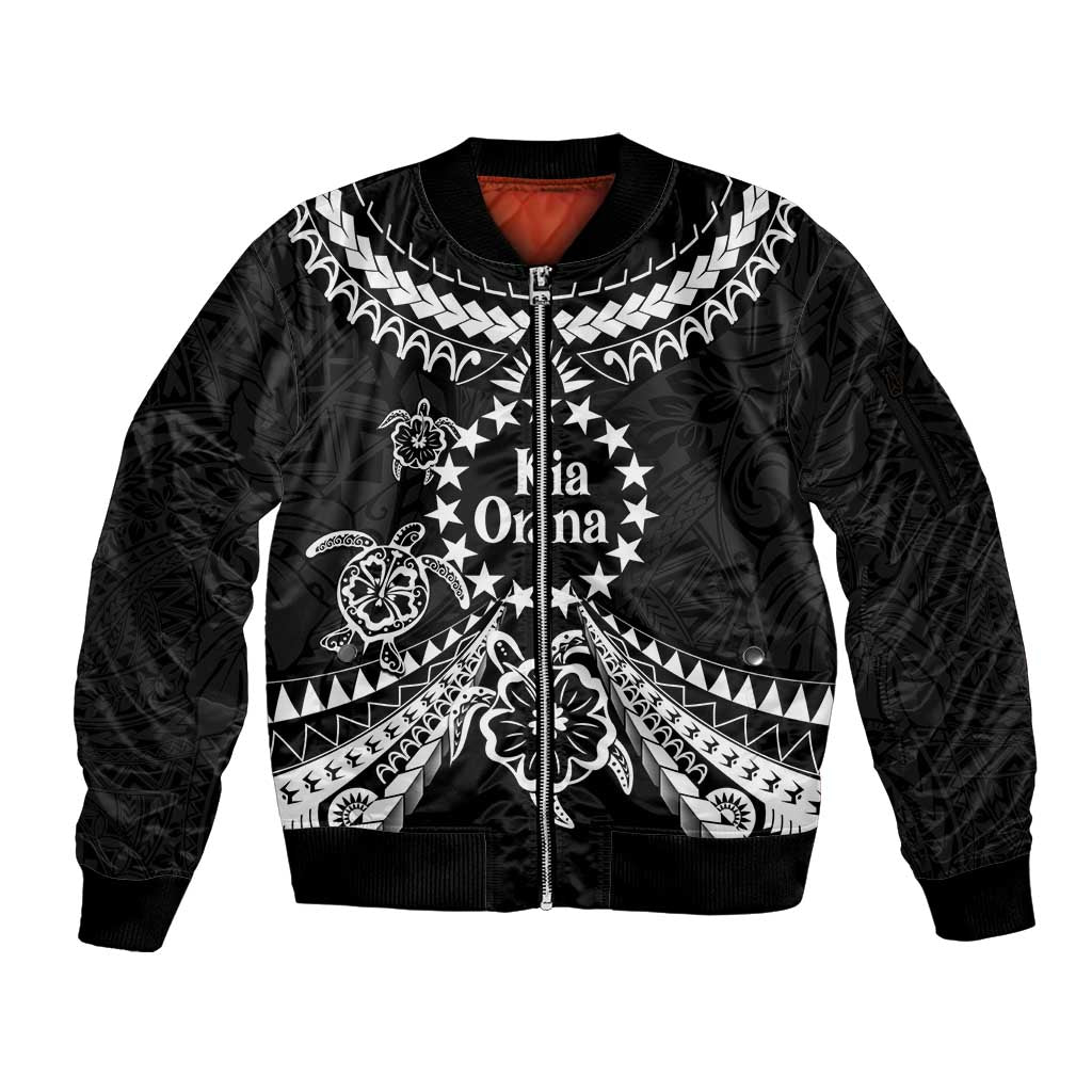 Kia Orana Cook Islands Sleeve Zip Bomber Jacket 2025 Pasifika Polynesian Turtle Black Color LT14 Unisex Black - Polynesian Pride