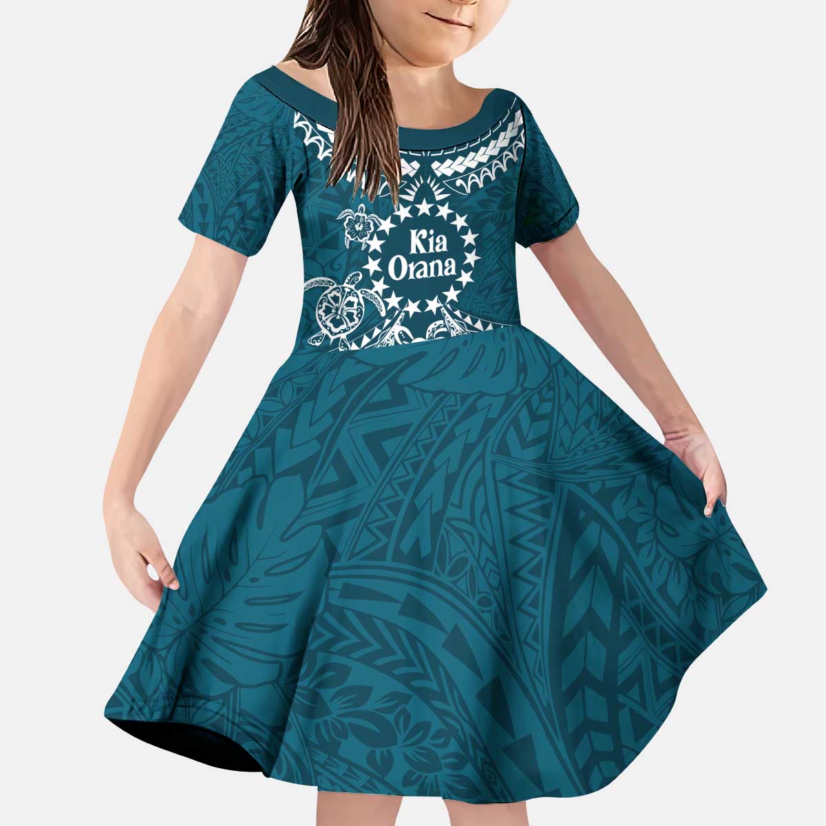 Kia Orana Cook Islands Kid Short Sleeve Dress Polynesian Turtle Crowberry Blue Color LT14 KID Crowberry Blue - Polynesian Pride