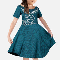 Kia Orana Cook Islands Kid Short Sleeve Dress Polynesian Turtle Crowberry Blue Color LT14 KID Crowberry Blue - Polynesian Pride