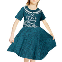 Kia Orana Cook Islands Kid Short Sleeve Dress Polynesian Turtle Crowberry Blue Color LT14 - Polynesian Pride