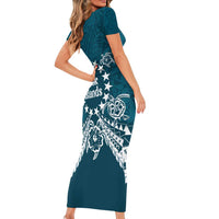 Kia Orana Cook Islands Short Sleeve Bodycon Dress Polynesian Turtle Crowberry Blue Color LT14 - Polynesian Pride