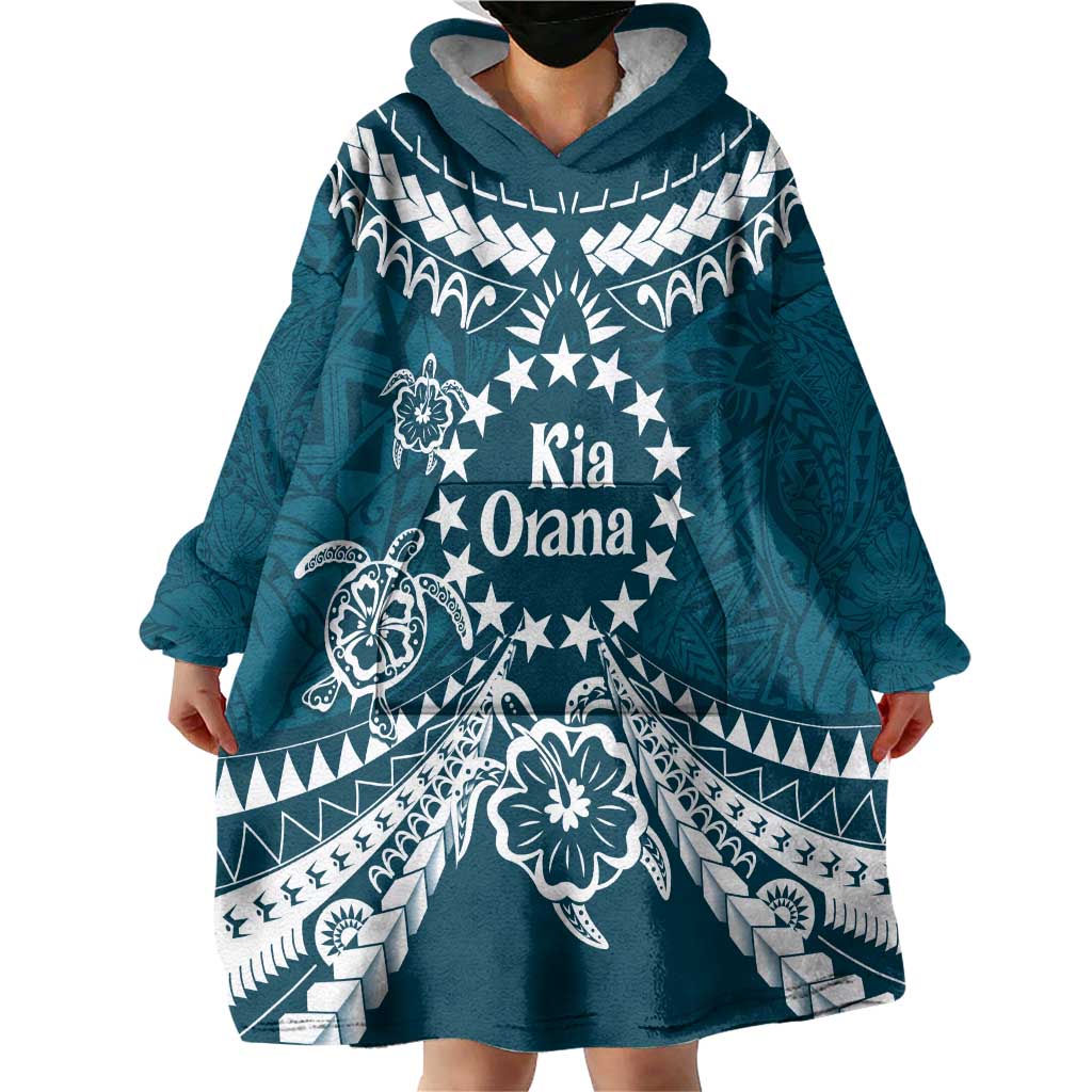 Kia Orana Cook Islands Wearable Blanket Hoodie Polynesian Turtle Crowberry Blue Color LT14 - Polynesian Pride