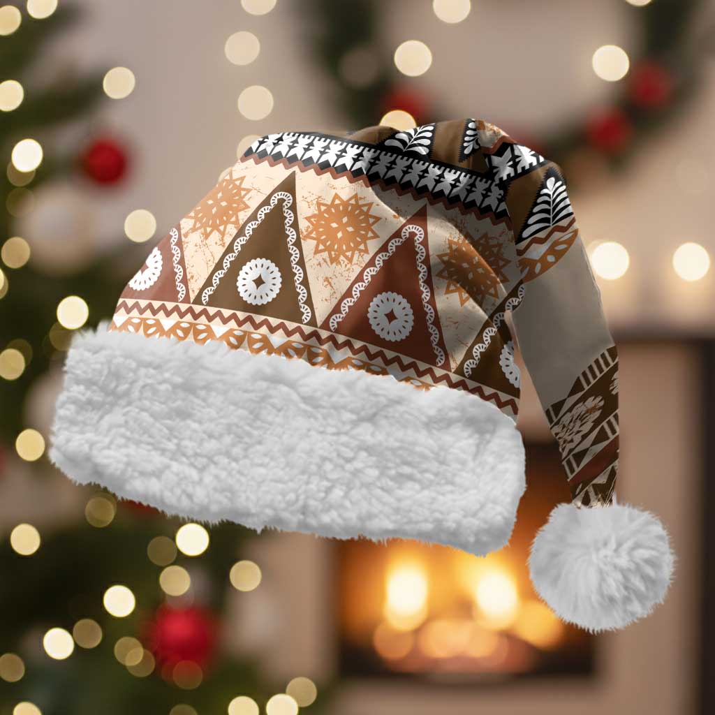 Bula Fiji Christmas Santa Hat 2025 Pasifika Traditional Fijian Masi LT14 With Fur Beige - Polynesian Pride