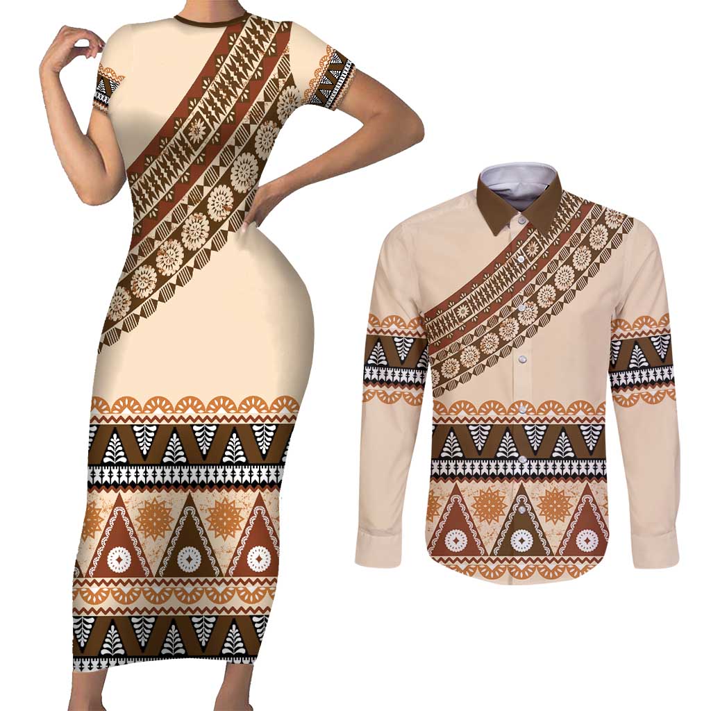 Bula Fiji Couples Matching Short Sleeve Bodycon Dress and Long Sleeve Button Shirt 2025 Pasifika Traditional Fijian Masi