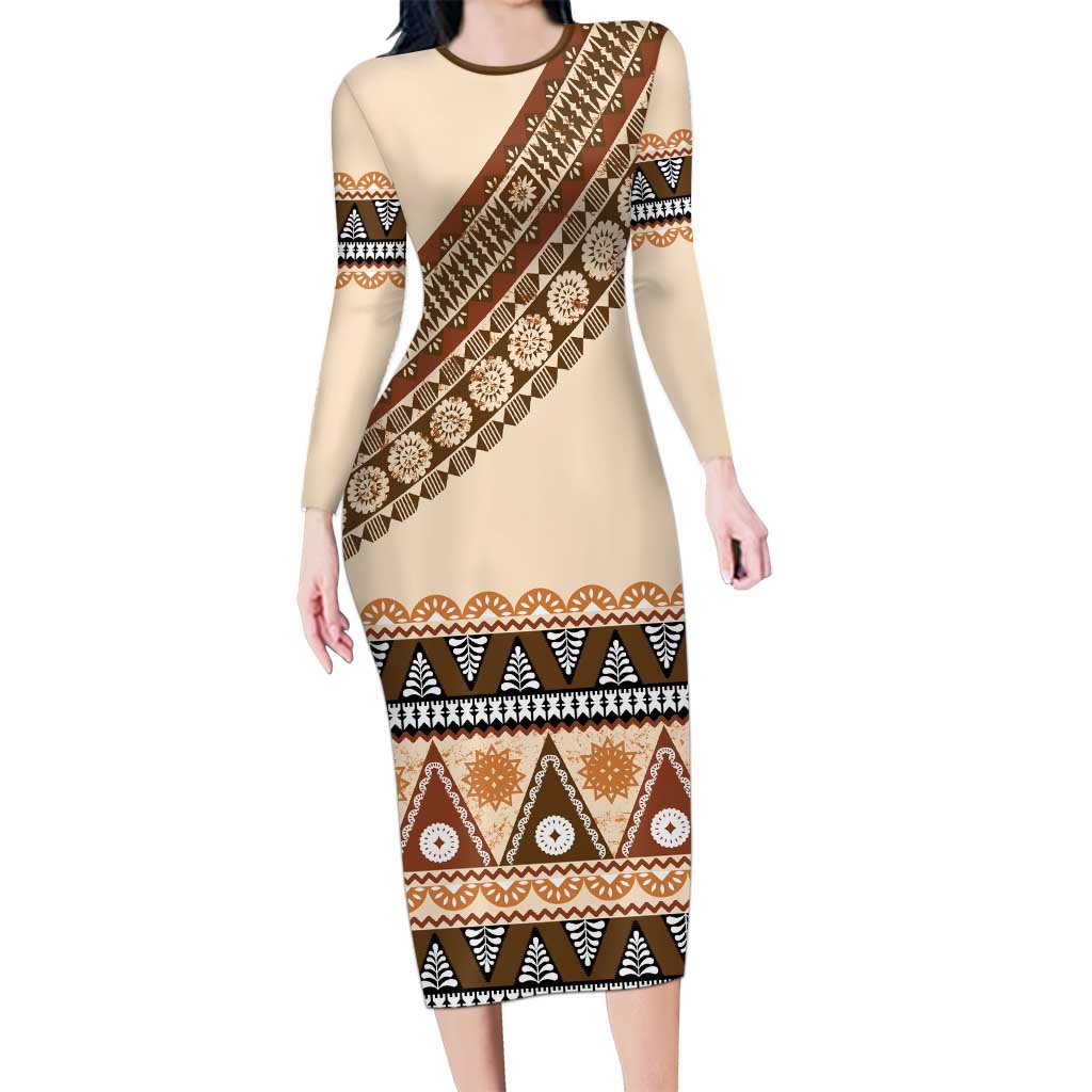 Bula Fiji Long Sleeve Bodycon Dress 2025 Pasifika Traditional Fijian Masi