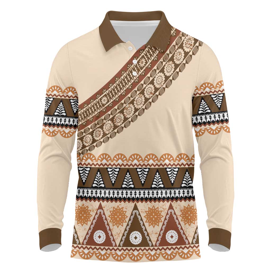 Bula Fiji Long Sleeve Polo Shirt 2025 Pasifika Traditional Fijian Masi