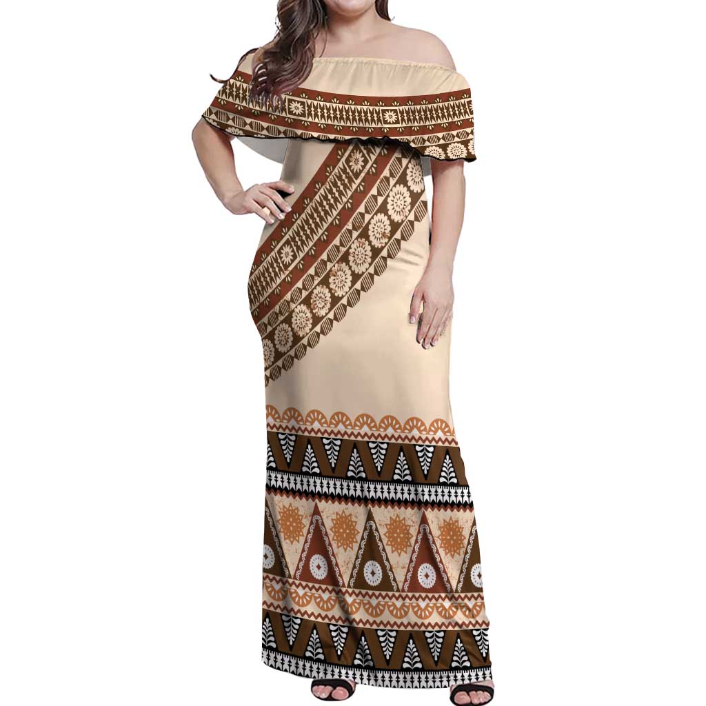 Bula Fiji Off Shoulder Maxi Dress 2025 Pasifika Traditional Fijian Masi LT14 Women Beige - Polynesian Pride