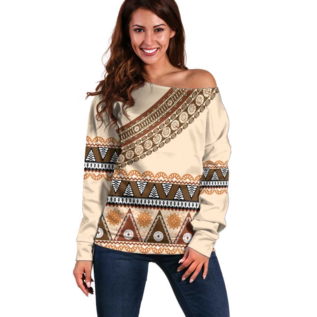 Bula Fiji Off Shoulder Sweater 2025 Pasifika Traditional Fijian Masi