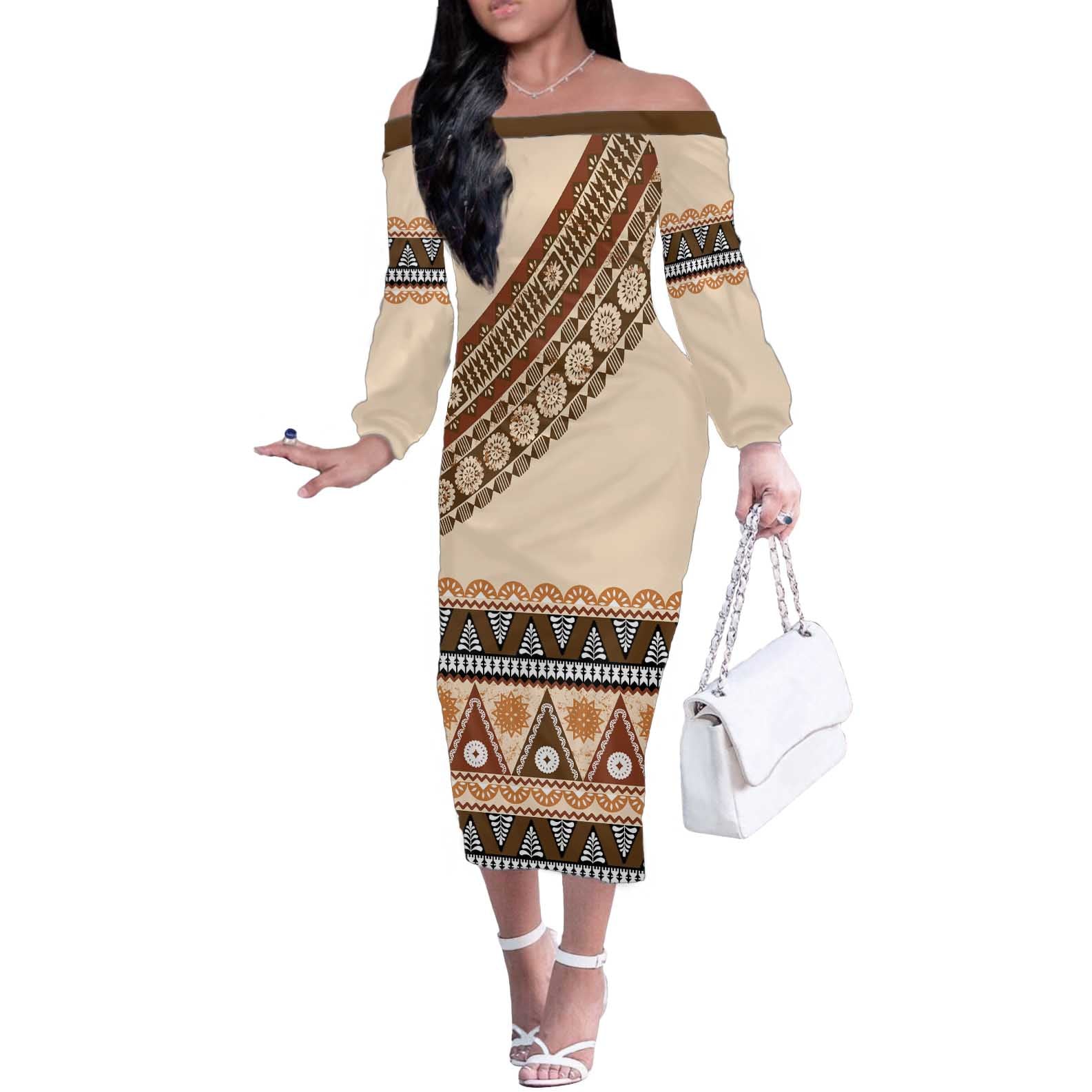 Bula Fiji Off The Shoulder Long Sleeve Dress 2025 Pasifika Traditional Fijian Masi