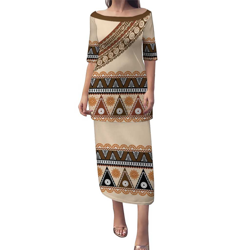 Bula Fiji Puletasi 2025 Pasifika Traditional Fijian Masi LT14 Long Dress Beige - Polynesian Pride