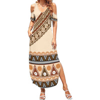 Bula Fiji Summer Maxi Dress 2025 Pasifika Traditional Fijian Masi LT14 Women Beige - Polynesian Pride