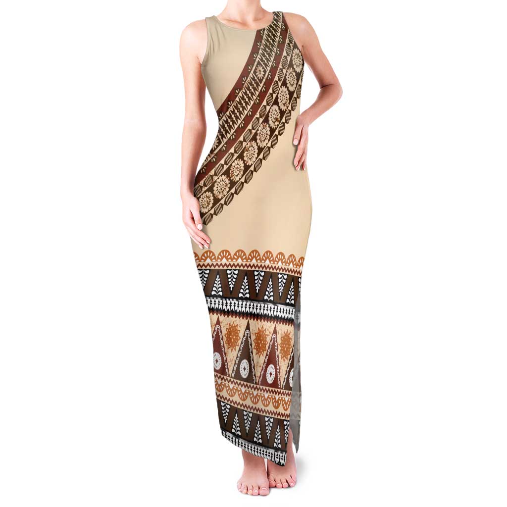 Bula Fiji Tank Maxi Dress 2025 Pasifika Traditional Fijian Masi LT14 Women Beige - Polynesian Pride