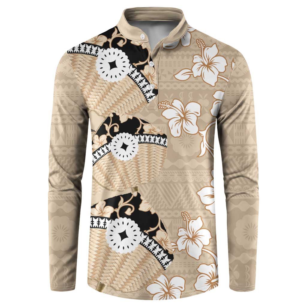 Bula Fiji Iri Buli Button Sweatshirt Woven Fan With Fijian Tapa LT14 Beige - Polynesian Pride