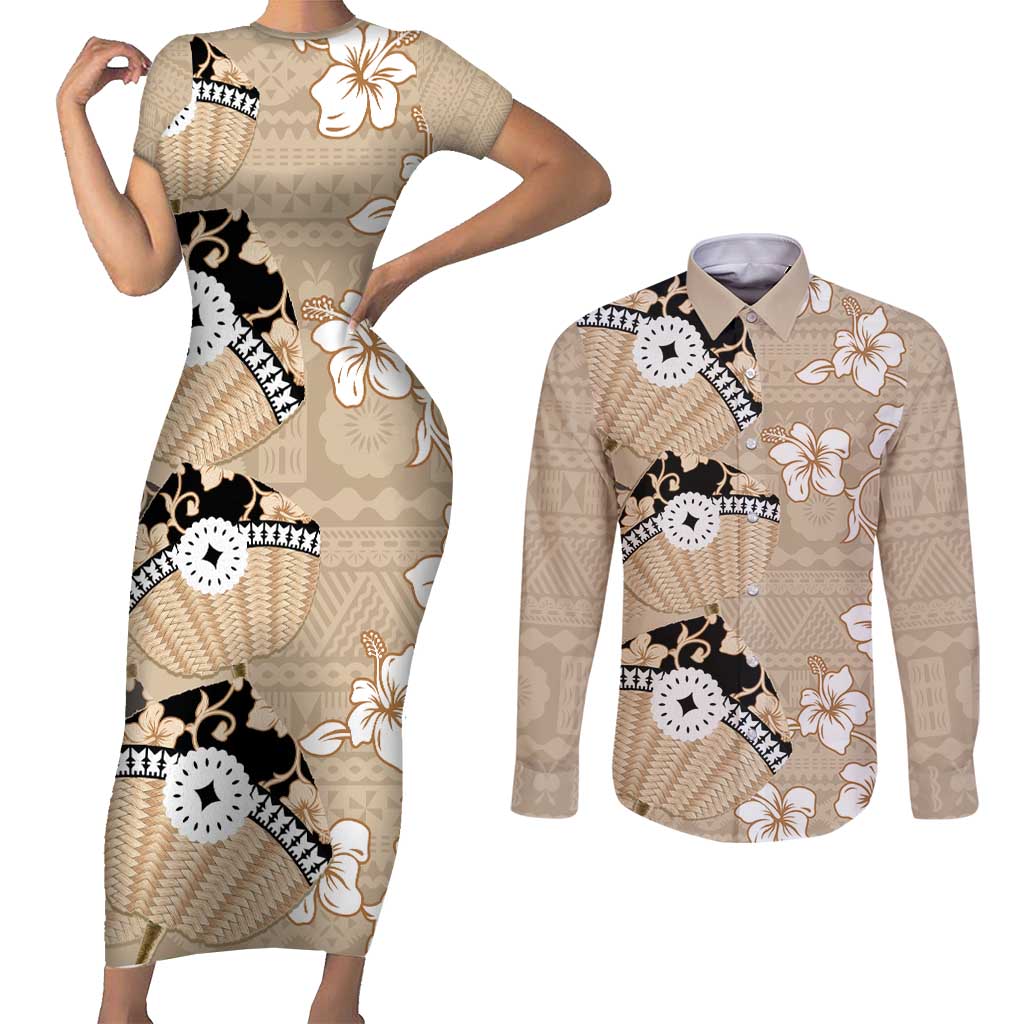 Bula Fiji Iri Buli Couples Matching Short Sleeve Bodycon Dress and Long Sleeve Button Shirt Woven Fan With Fijian Tapa