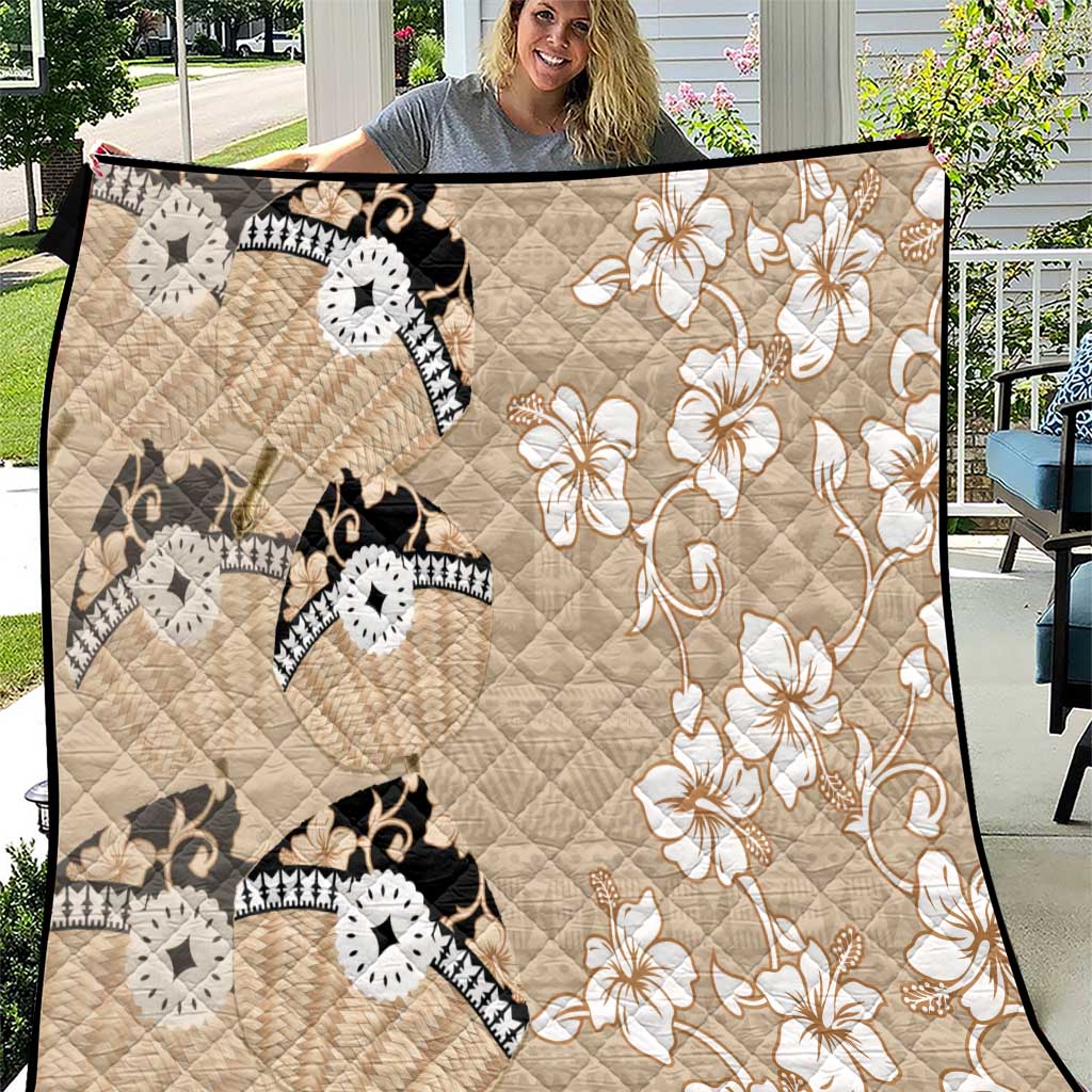 Bula Fiji Iri Buli Quilt Woven Fan With Fijian Tapa LT14 Beige - Polynesian Pride