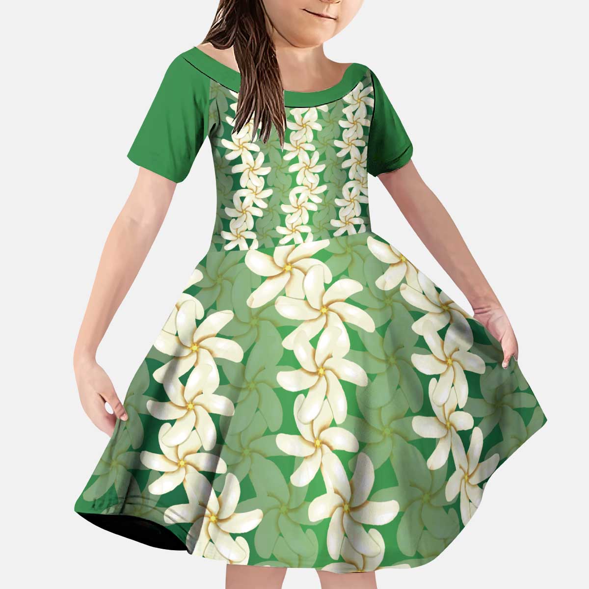 Ia Orana Tahiti Tiare Maori Seamless Style Kid Short Sleeve Dress LT14 KID Green - Polynesian Pride