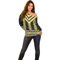 Yellow Taniko Aotearoa Off Shoulder Sweater Niho Taniwha Mix Poutama LT14 - Polynesian Pride