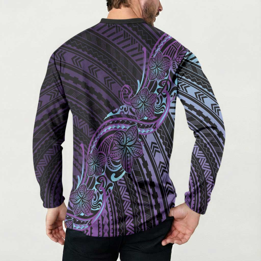Teal Purple Polynesia Plumeria Tattoo Button Sweatshirt LT14 - Polynesian Pride