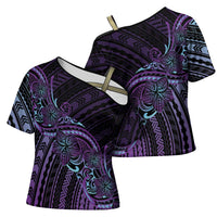 Teal Purple Polynesia Plumeria Tattoo Cross Shoulder Shirt LT14 - Polynesian Pride