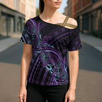 Teal Purple Polynesia Plumeria Tattoo Cross Shoulder Shirt LT14 - Polynesian Pride