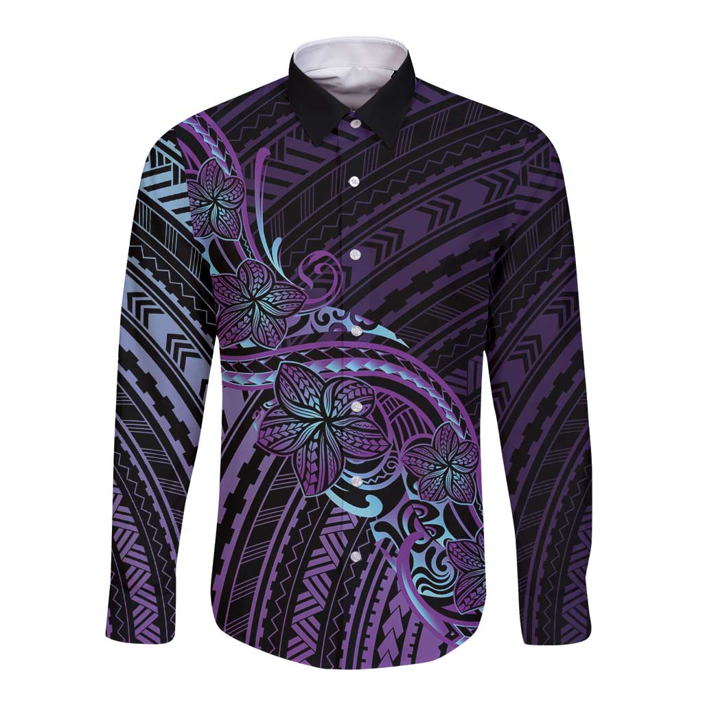 Teal Purple Polynesia Plumeria Tattoo Long Sleeve Button Shirt LT14 Unisex Purple - Polynesian Pride
