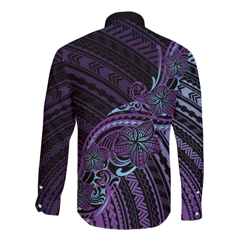 Teal Purple Polynesia Plumeria Tattoo Long Sleeve Button Shirt LT14 - Polynesian Pride