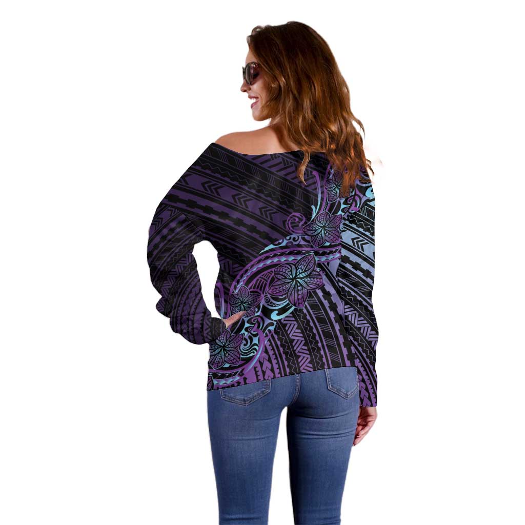 Teal Purple Polynesia Plumeria Tattoo Off Shoulder Sweater LT14 - Polynesian Pride