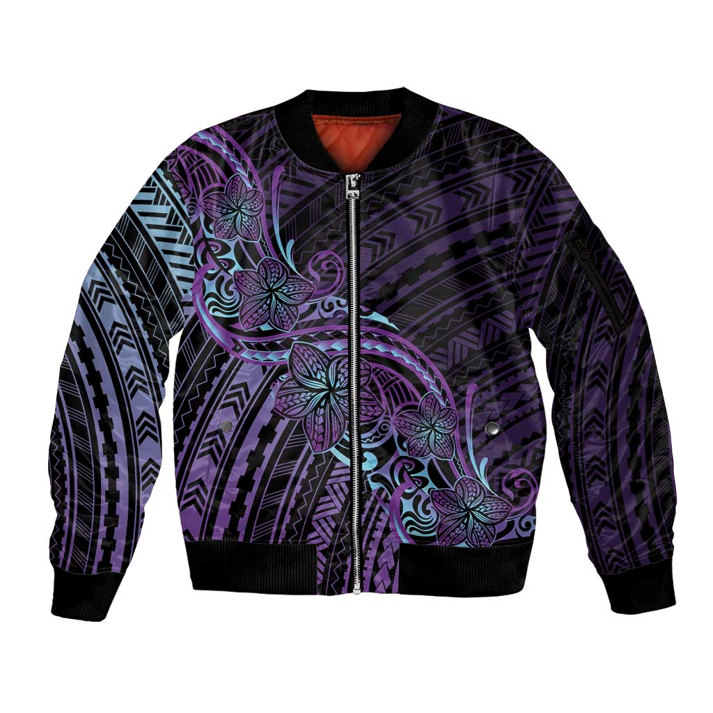 Teal Purple Polynesia Plumeria Tattoo Sleeve Zip Bomber Jacket LT14 Unisex Purple - Polynesian Pride