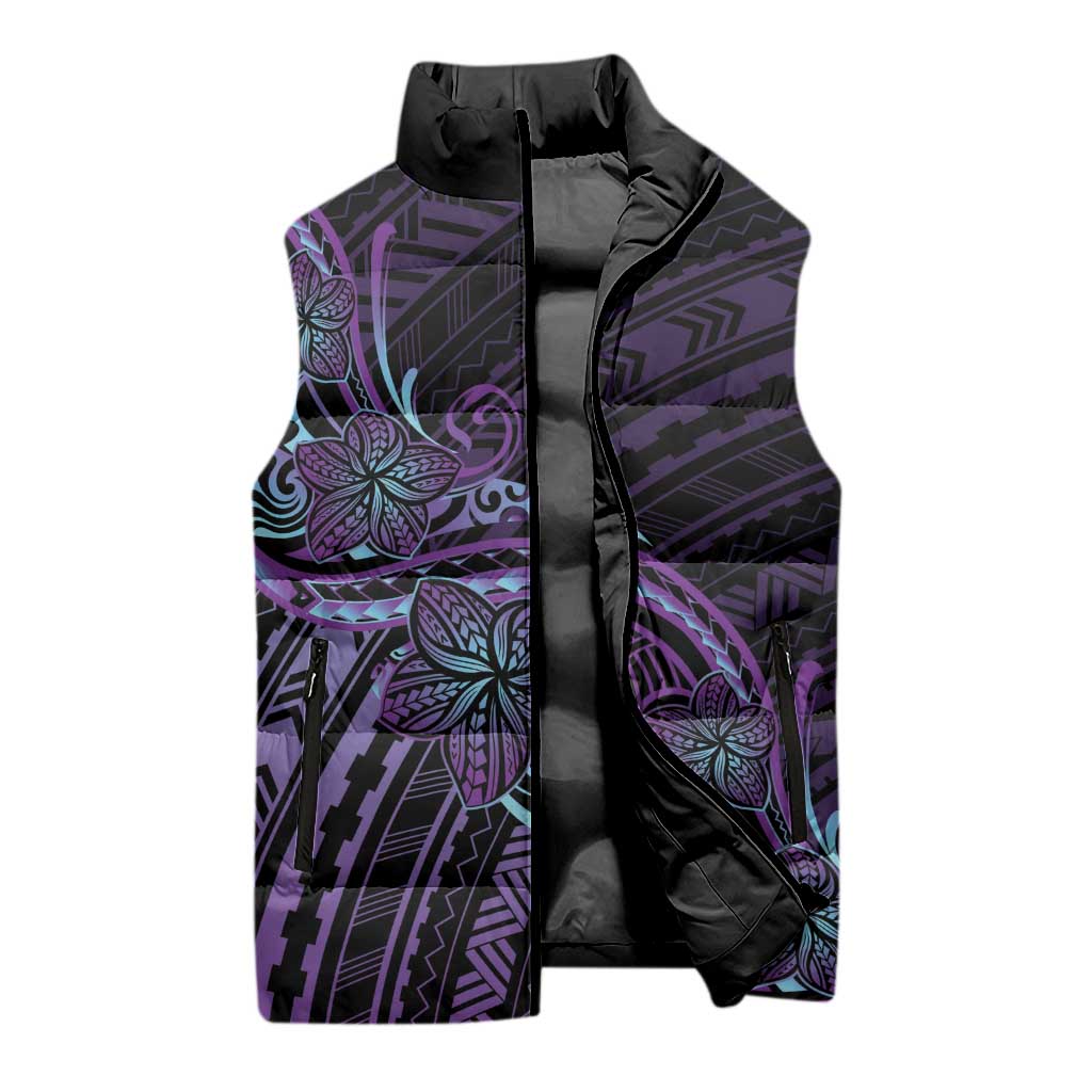 Teal Purple Polynesia Plumeria Tattoo Sleeveless Puffer Jacket LT14 - Polynesian Pride