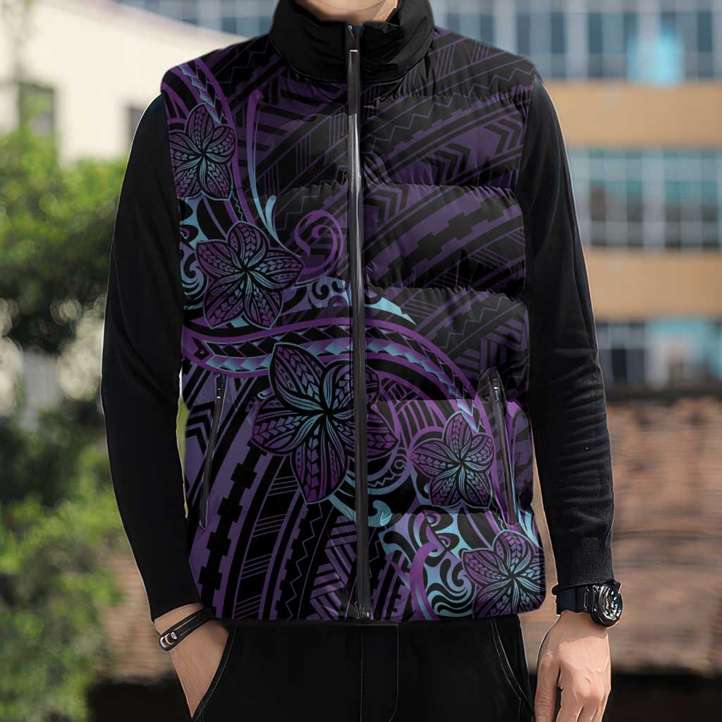 Teal Purple Polynesia Plumeria Tattoo Sleeveless Puffer Jacket LT14 - Polynesian Pride