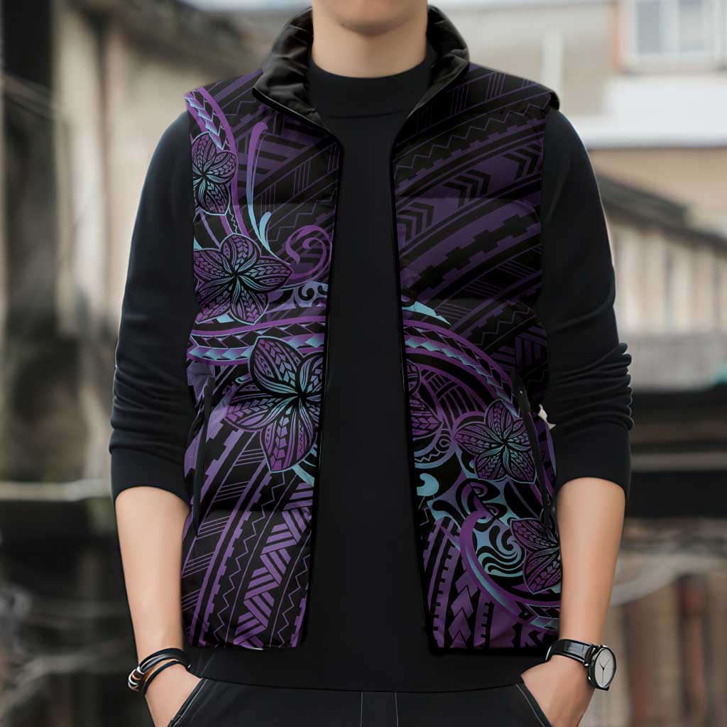 Teal Purple Polynesia Plumeria Tattoo Sleeveless Puffer Jacket LT14 - Polynesian Pride