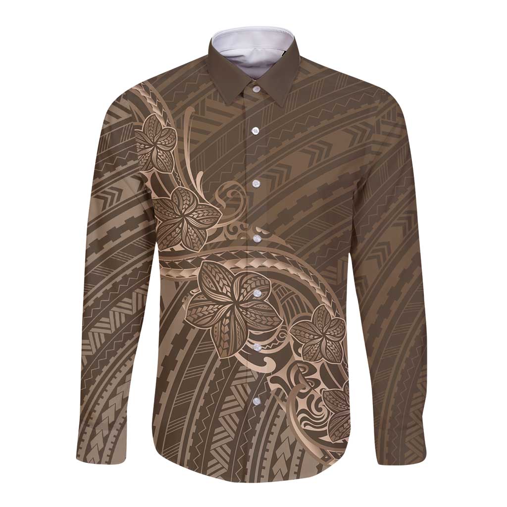 Brown Polynesia Plumeria Tattoo Long Sleeve Button Shirt LT14 Unisex Brown - Polynesian Pride