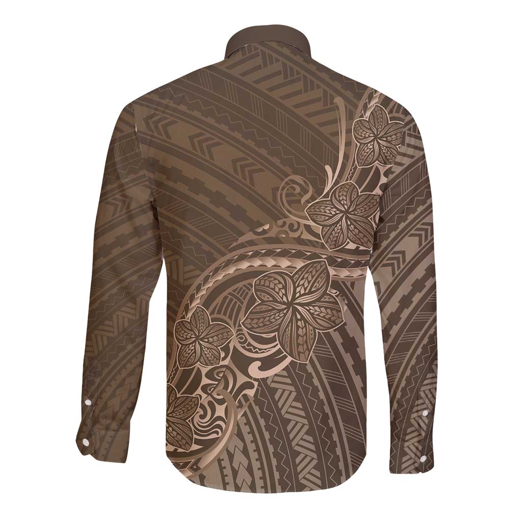 Brown Polynesia Plumeria Tattoo Long Sleeve Button Shirt LT14 - Polynesian Pride