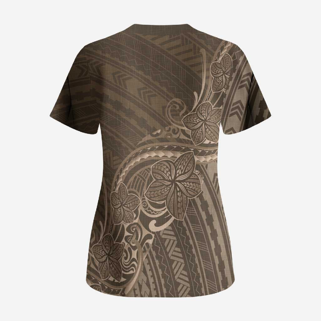 Brown Polynesia Plumeria Tattoo Scrub Top LT14 - Polynesian Pride