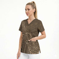 Brown Polynesia Plumeria Tattoo Scrub Top LT14 - Polynesian Pride