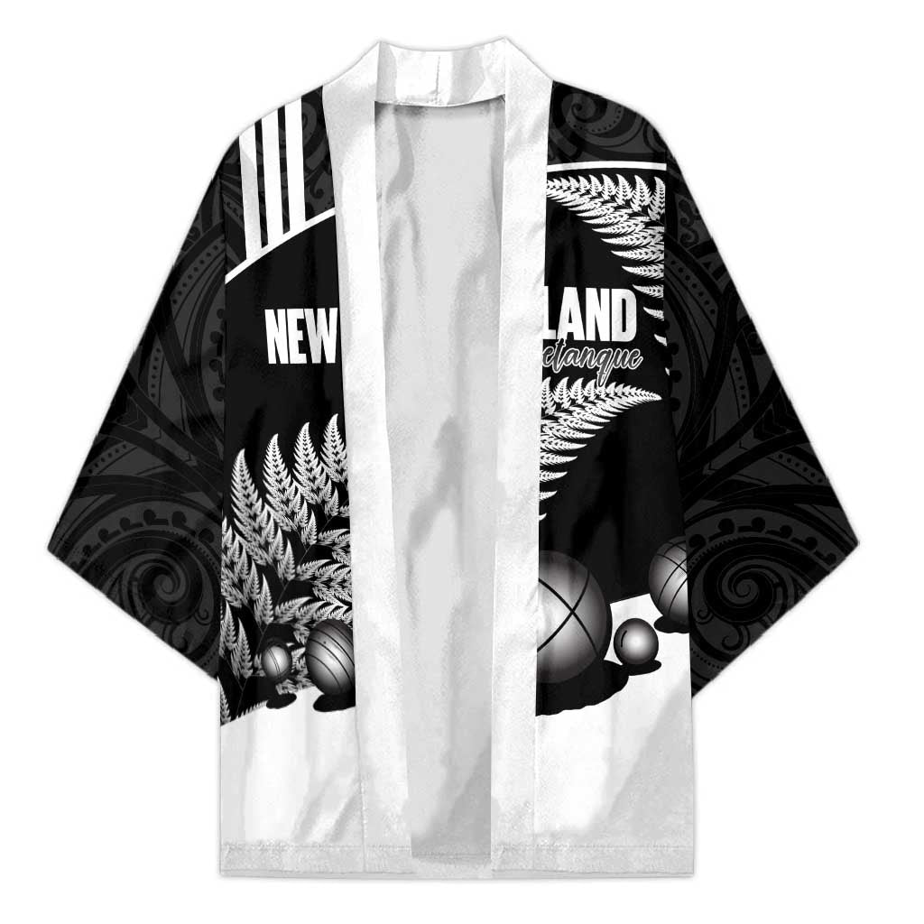 Custom New Zealand Silver Fern Petanque Kimono Aotearoa Maori Pattern LT14 Unisex Black - Polynesian Pride