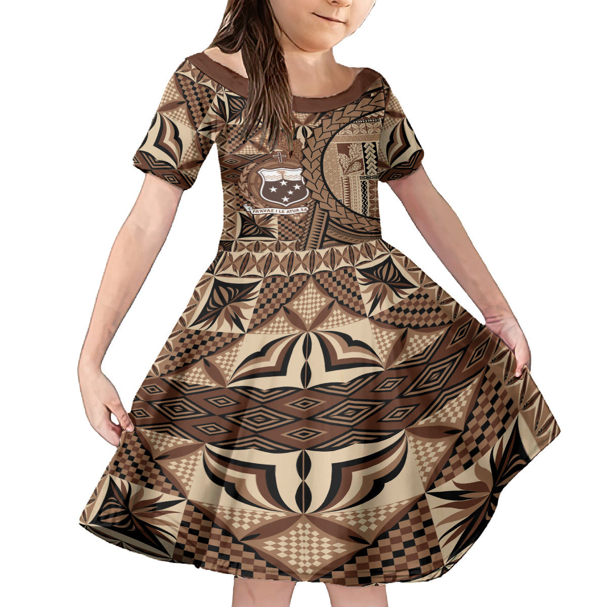 Samoa Siapo Kid Short Sleeve Dress Happy Independence Day Vintage Vibes LT14 KID Brown - Polynesian Pride