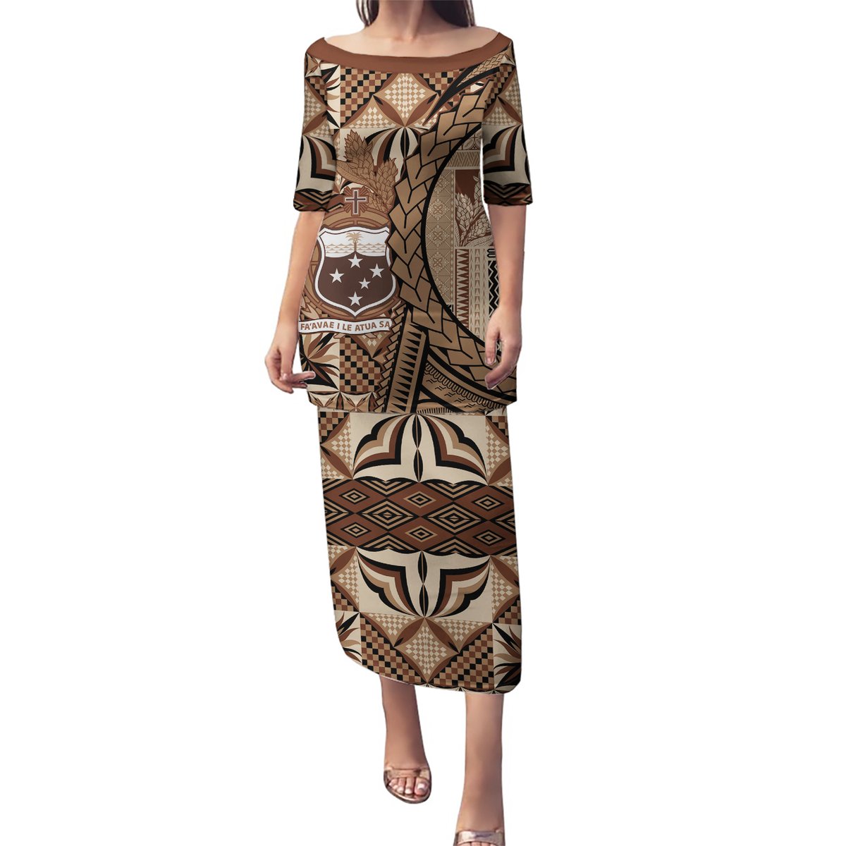 Samoa Siapo Puletasi Happy Independence Day Vintage Vibes LT14 Long Dress Brown - Polynesian Pride